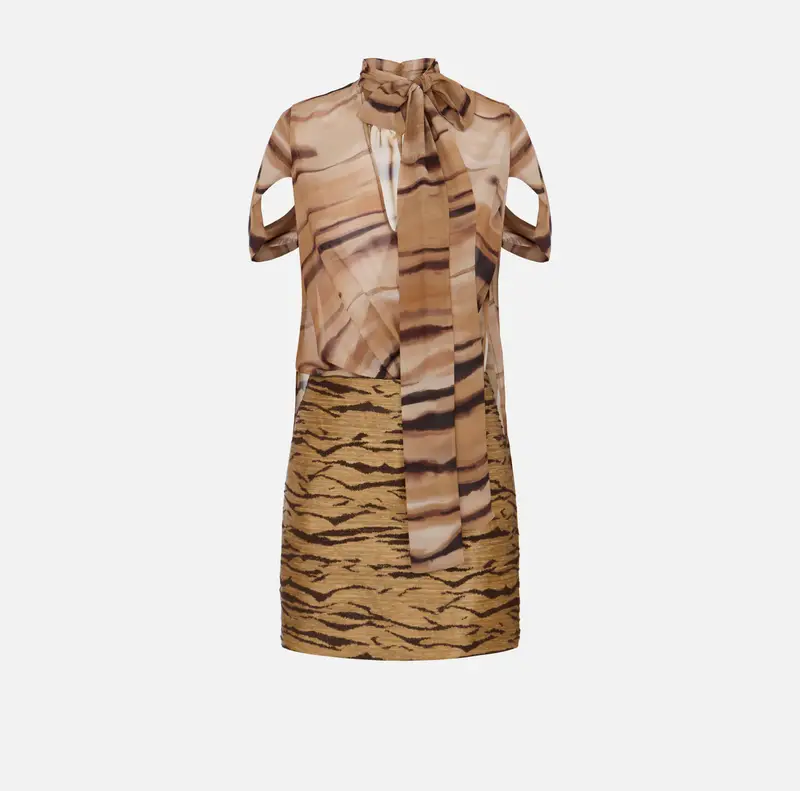 Mini abito bimateriale con stampa tigre