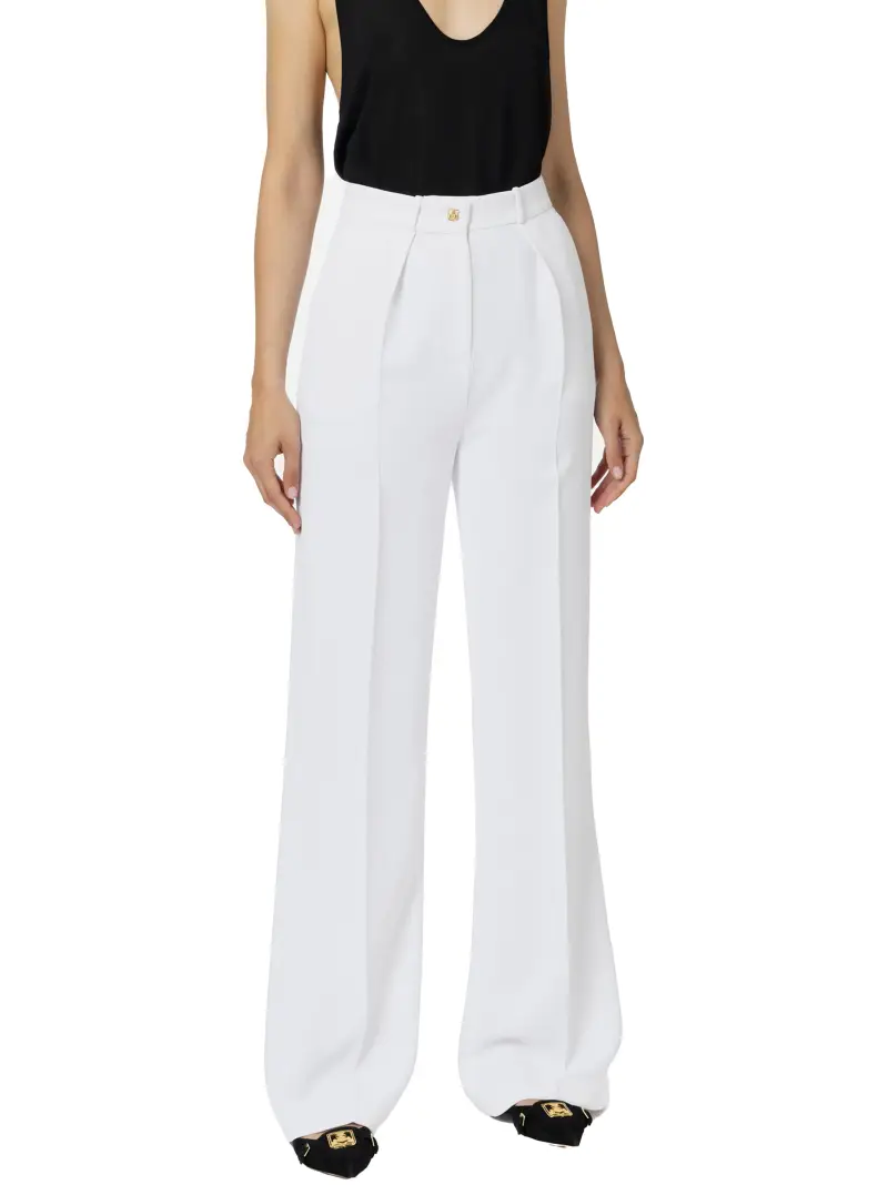 Pantalone dritto in crêpe fermo con bottone logato avorio