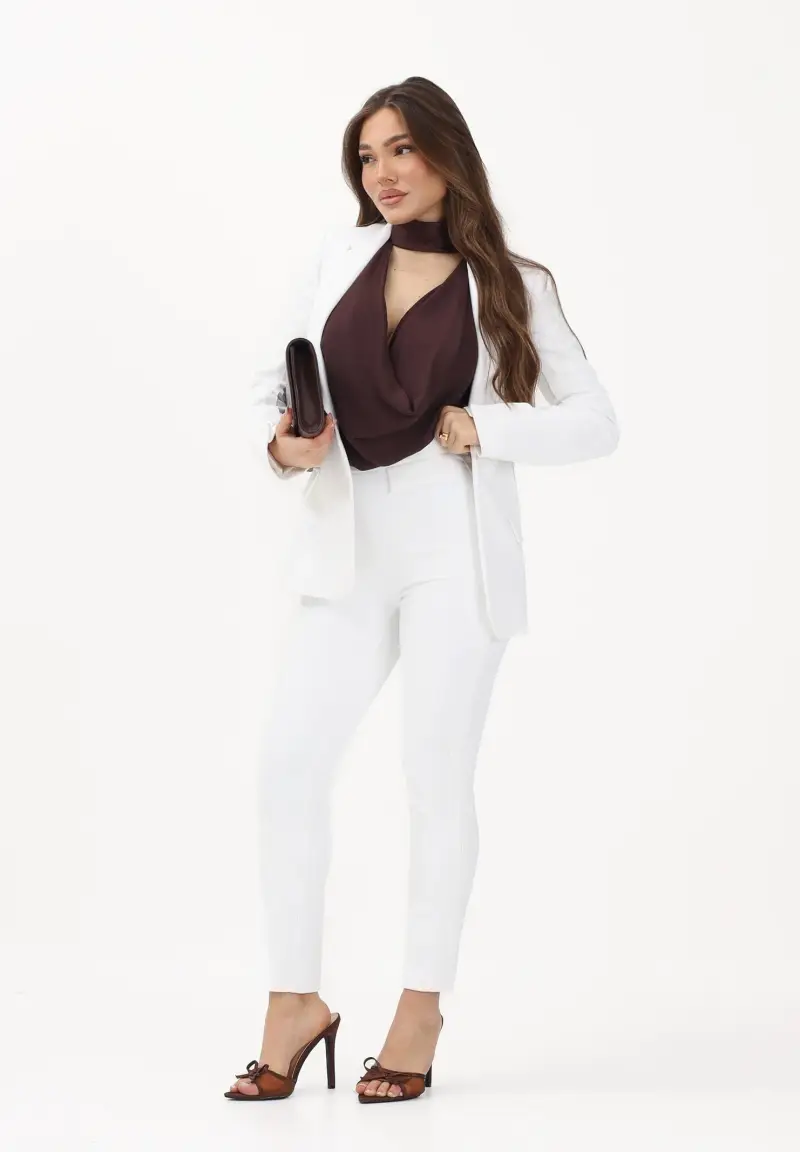 Pantalone elegante avorio da donna con logo ricamato miniatura 2