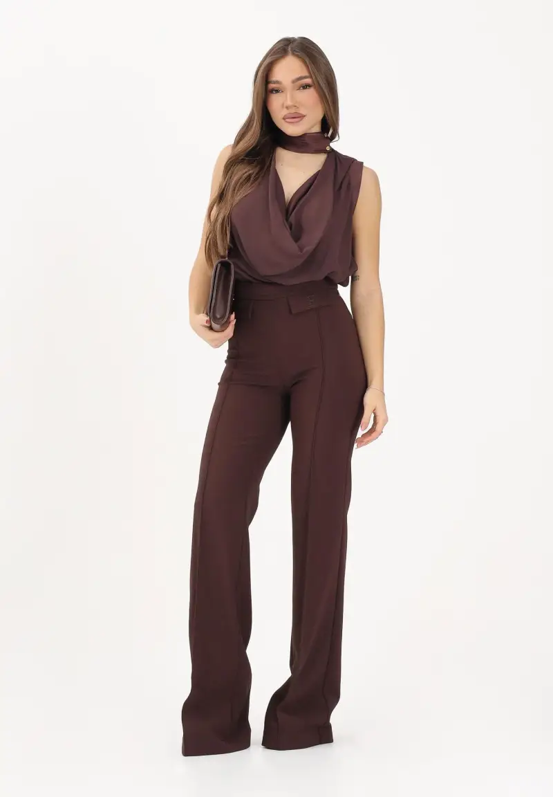 Pantalone elegante cacao da donna con logo ricamato miniatura 2