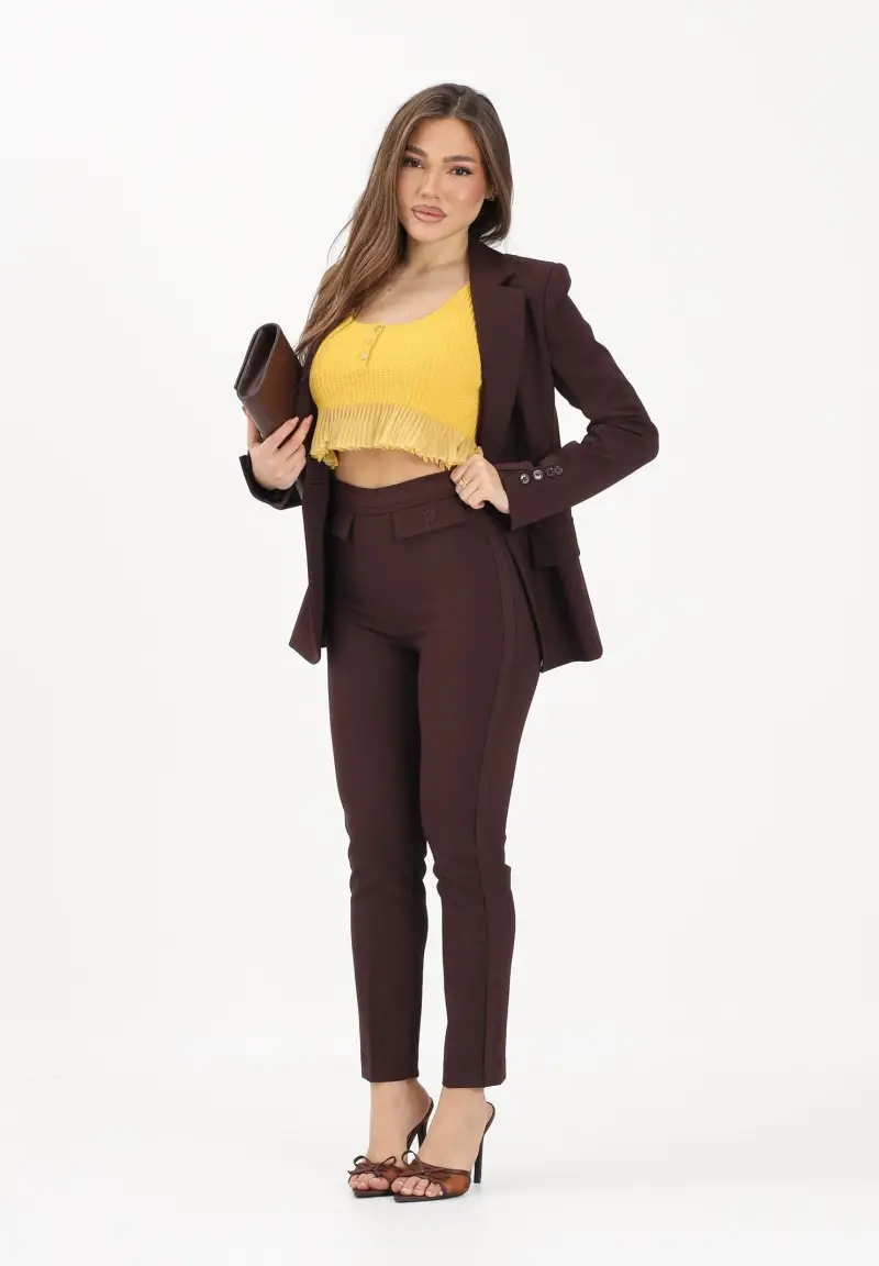 Pantalone elegante cacao da donna con logo ricamato miniatura 2