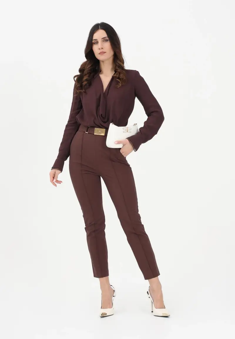 Pantalone elegante marrone da donna con cintura miniatura 2