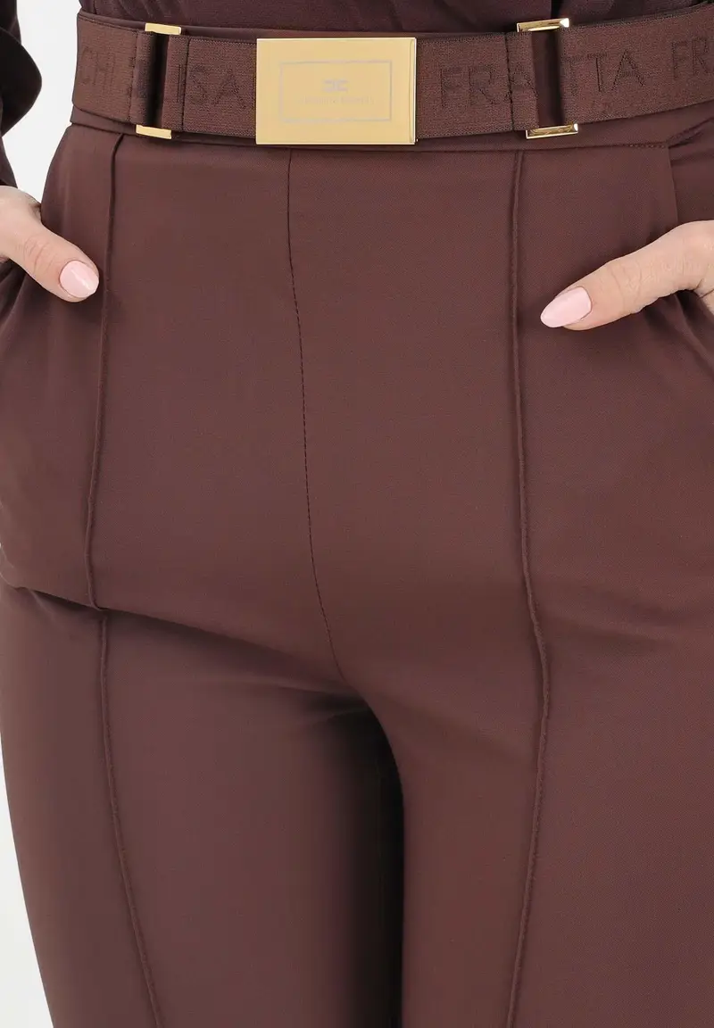 Pantalone elegante marrone da donna con cintura miniatura 3
