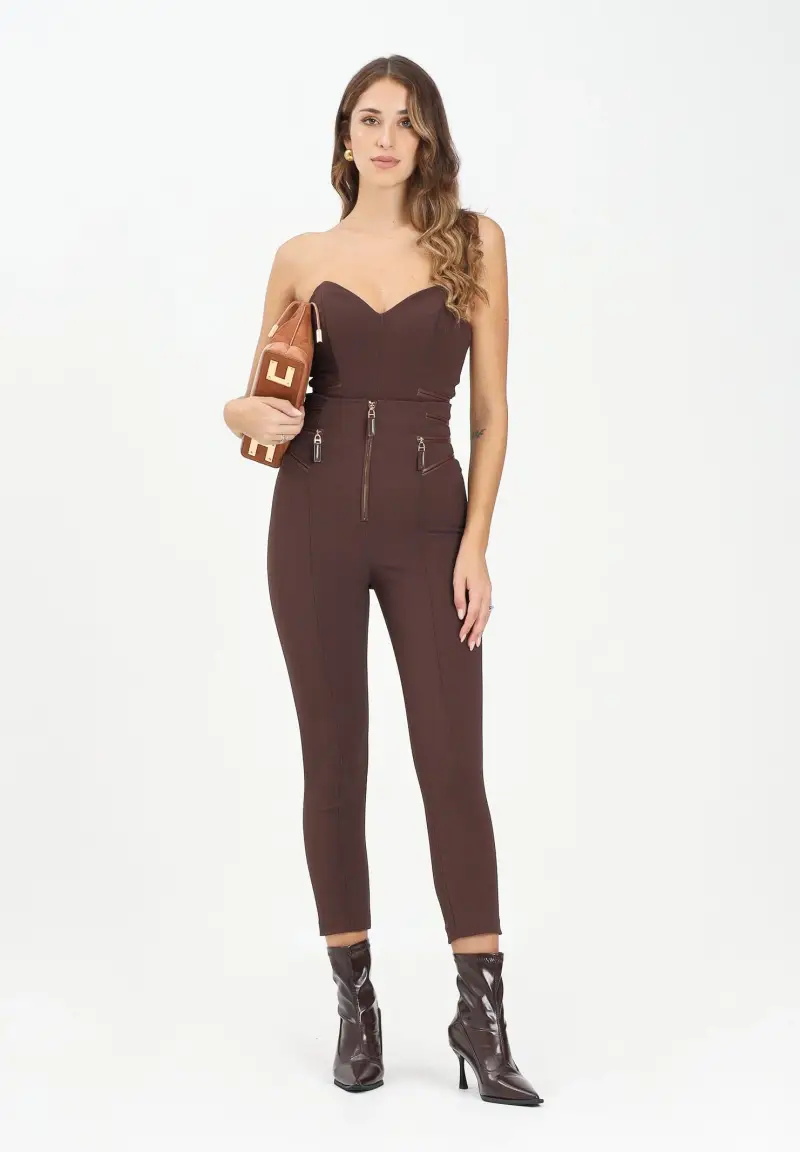 Pantalone elegante marrone da donna con dettagli zip miniatura 2