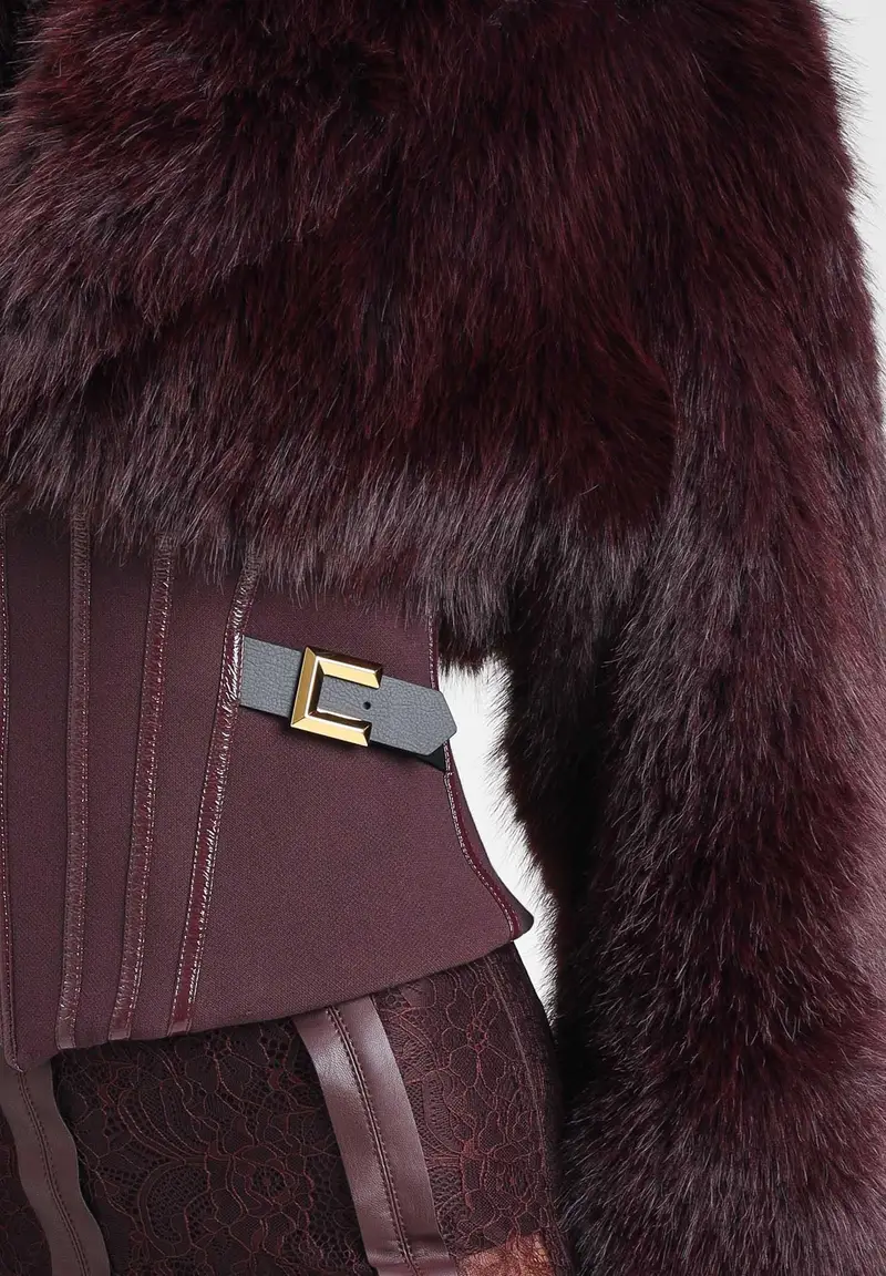 Pelliccia bordeaux da donna con bustier miniatura 3