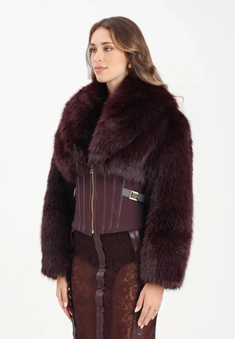 Pelliccia bordeaux da donna con bustier