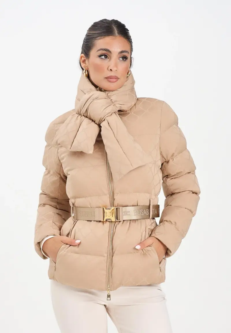 Piumino beige da donna in tessuto vela jacquard con cintura miniatura 2