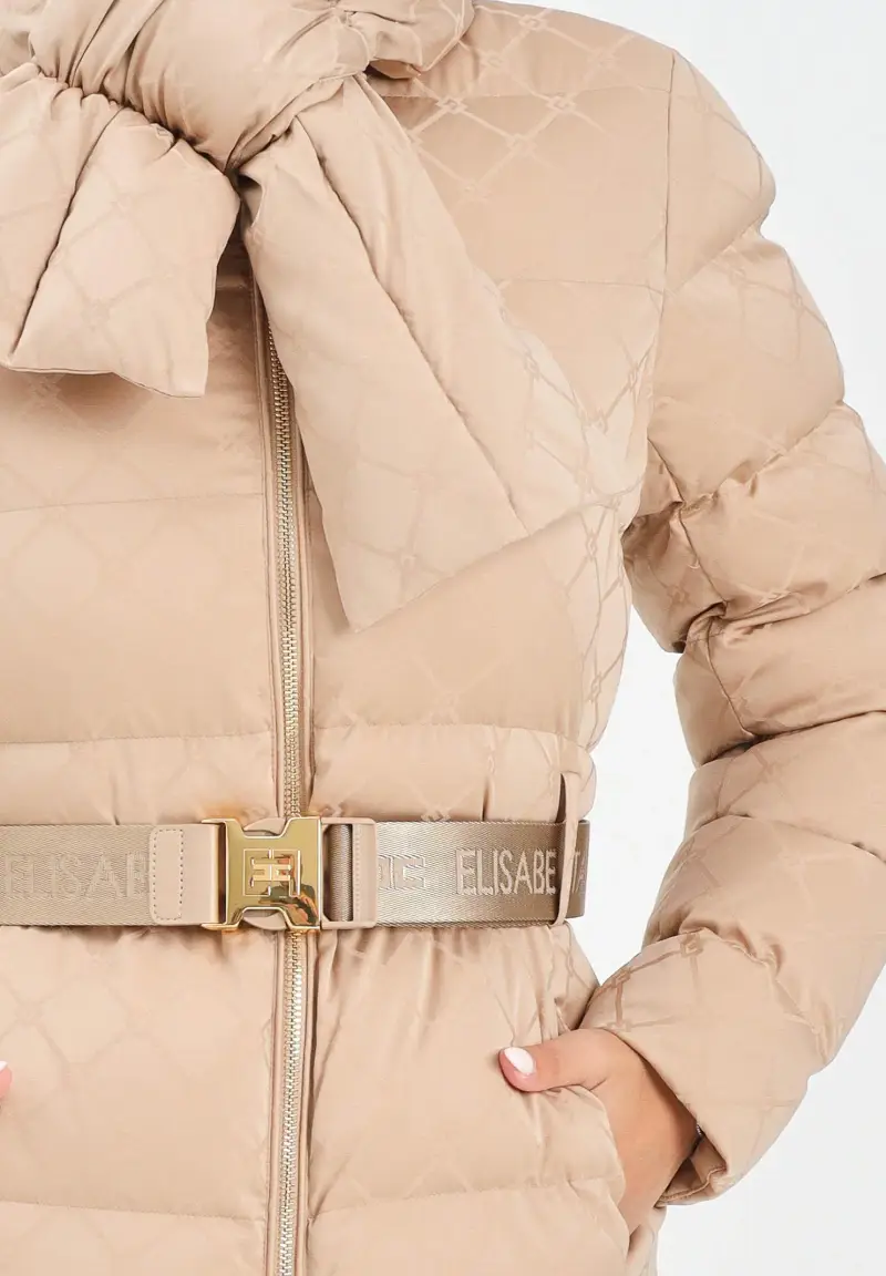 Piumino beige da donna in tessuto vela jacquard con cintura miniatura 3