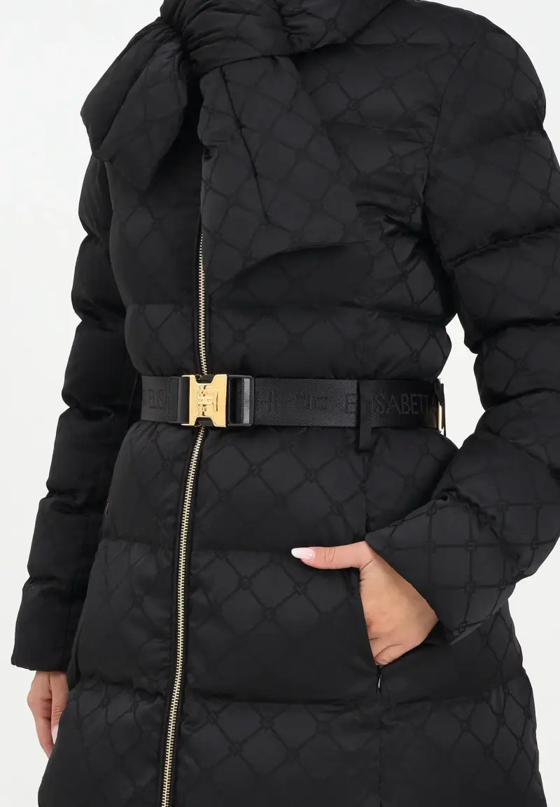 Piumino lungo nero da donna in tessuto vela jacquard miniatura 3