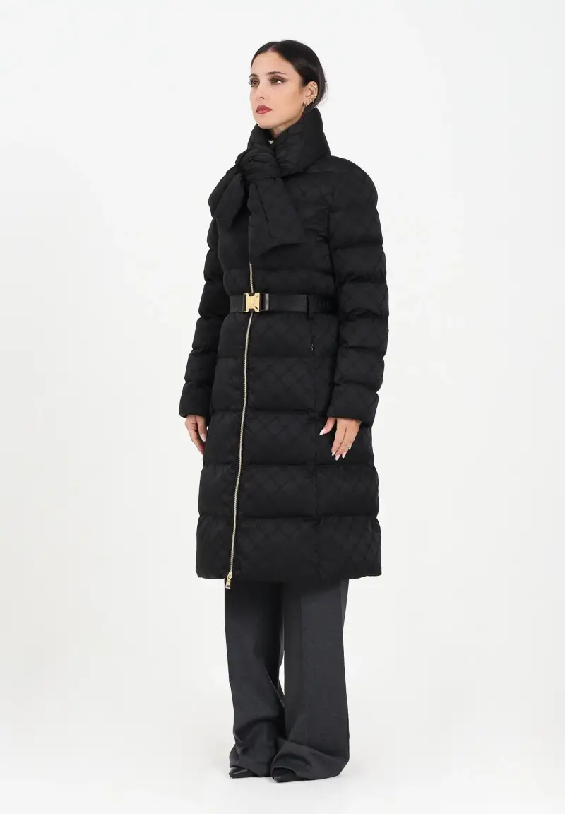 Piumino lungo nero da donna in tessuto vela jacquard