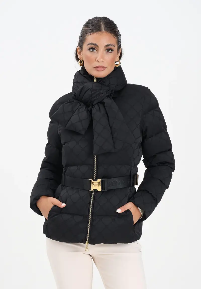 Piumino nero da donna in tessuto vela jacquard con cintura miniatura 2