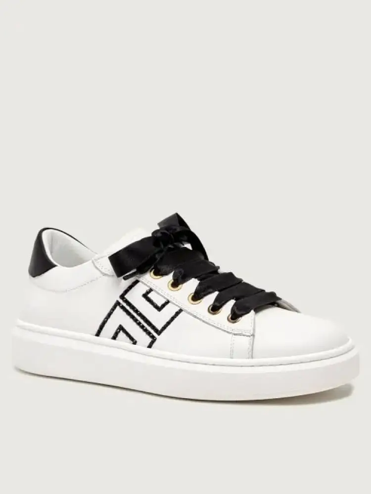 sneaker kids/junior in pelle bianca con logo nero e lacci in raso