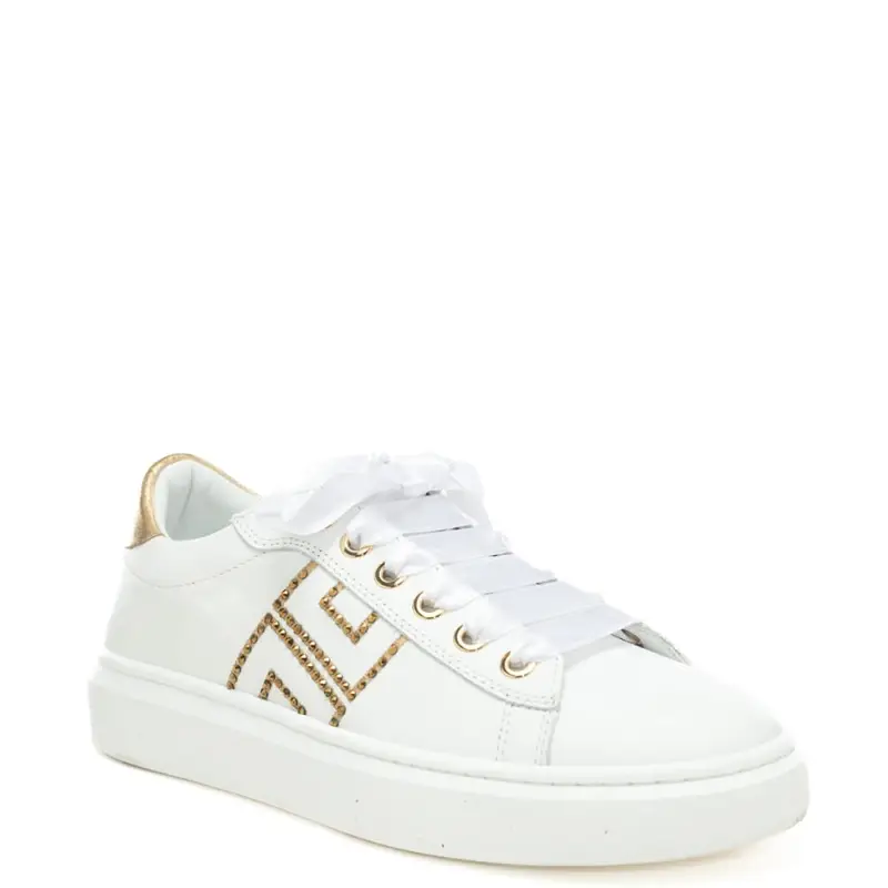 sneakers da bambina in pelle con dettagli dorati e strass bianco oro miniatura 2
