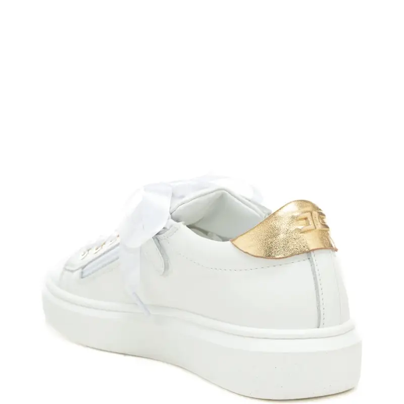 sneakers da bambina in pelle con dettagli dorati e strass bianco oro miniatura 3