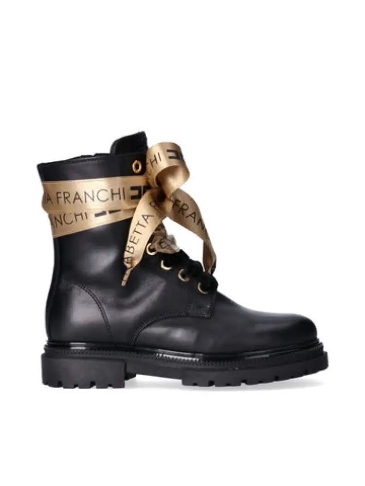 stivaletto infant/kids in pelle nero con doppio laccio in raso logati