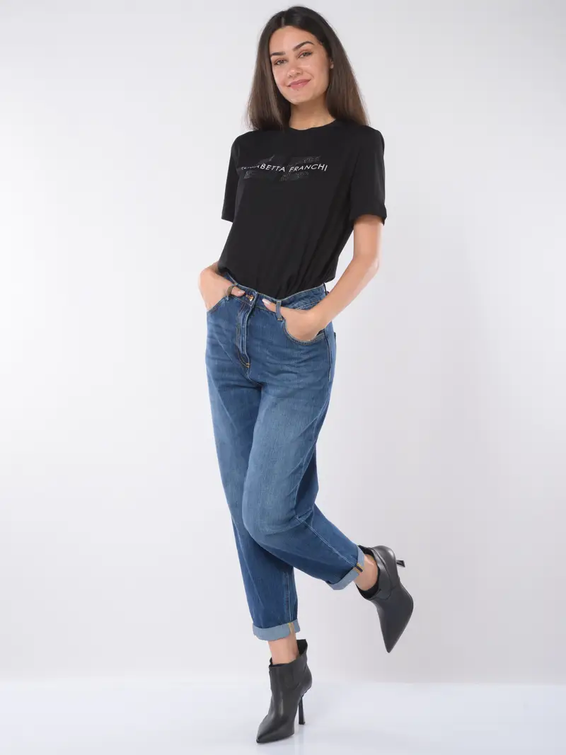 t Shirt da donna Elisabetta Franchi con logo e strass NERO miniatura 2