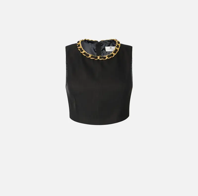 Top in misto lino con catena gioiello