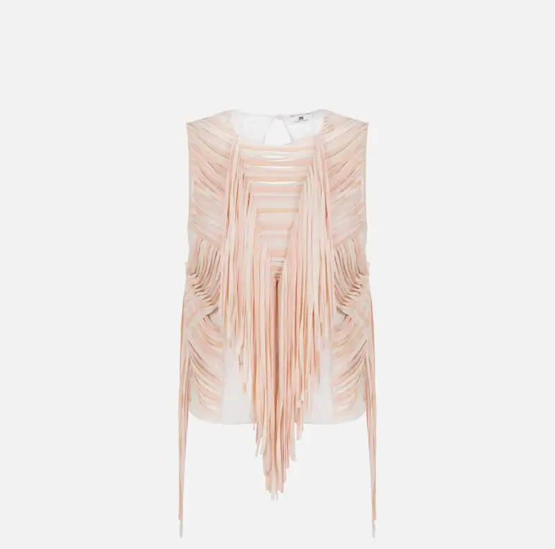 Top in pizzo floreale con frange