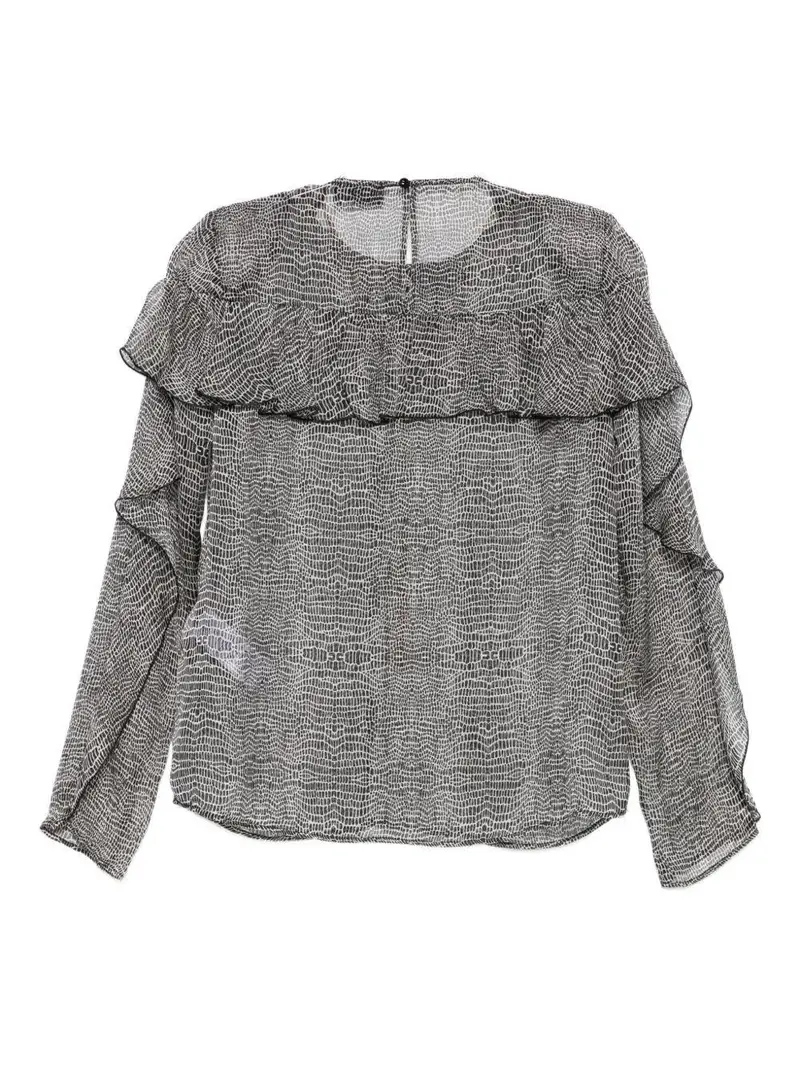 Top in Seta con Stampa Rettile e Maniche Increspate Nero miniatura 2