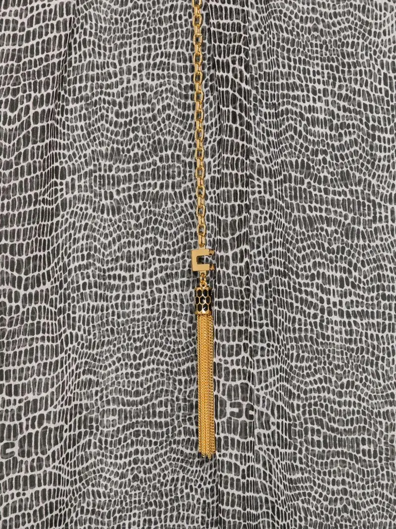 Top in Seta con Stampa Rettile e Maniche Increspate Nero miniatura 3