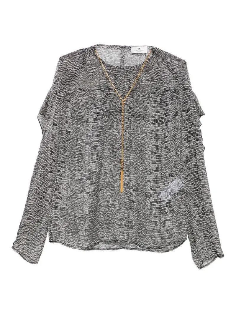 Top in Seta con Stampa Rettile e Maniche Increspate Nero