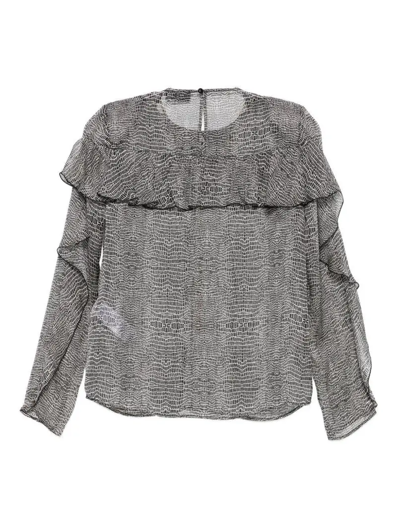 Top in Seta con Stampa Rettile e Maniche Increspate Nero miniatura 2