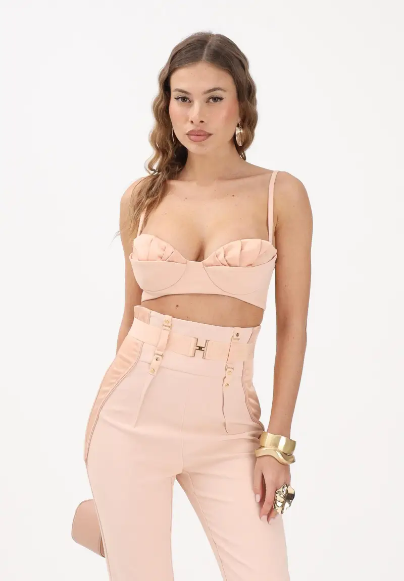 Top nude da donna in crêpe leggero e raso miniatura 2