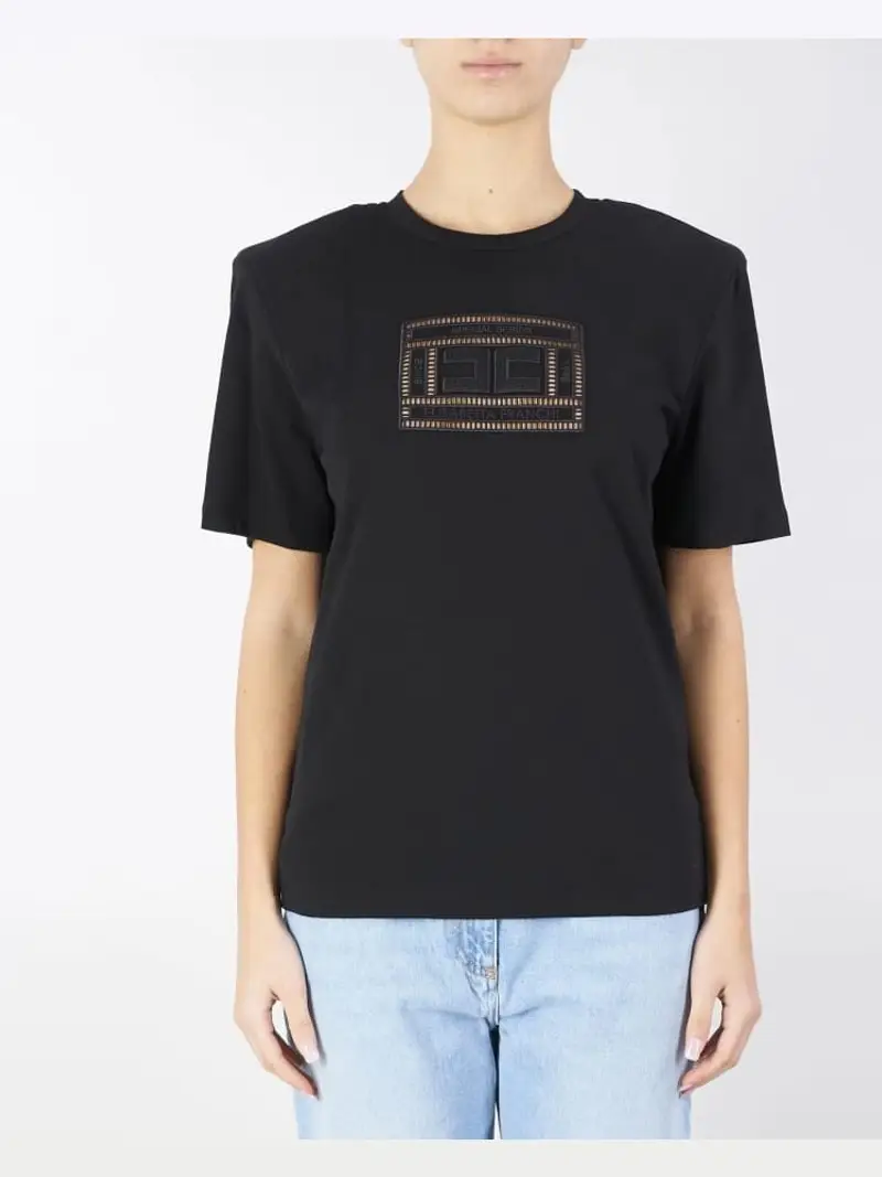 Elisabetta Franchi tshirt nera donna in cotone maxi logo sul davanti