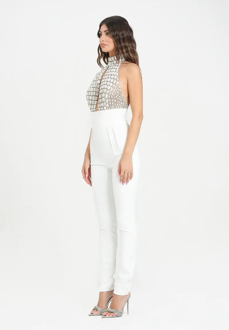 ELISABETTA FRANCHI Tuta bianca da donna con ricami strass