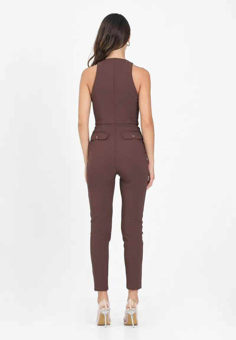 ELISABETTA FRANCHI Tuta elegante color caffè da donna con dettagli zip miniatura 3