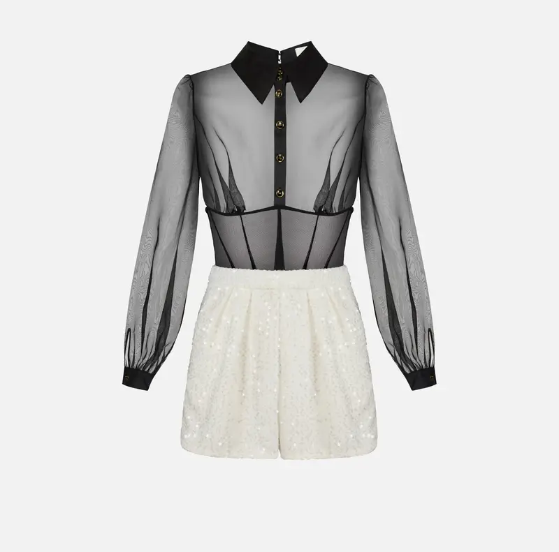 Tuta in organza e tweed bouclé