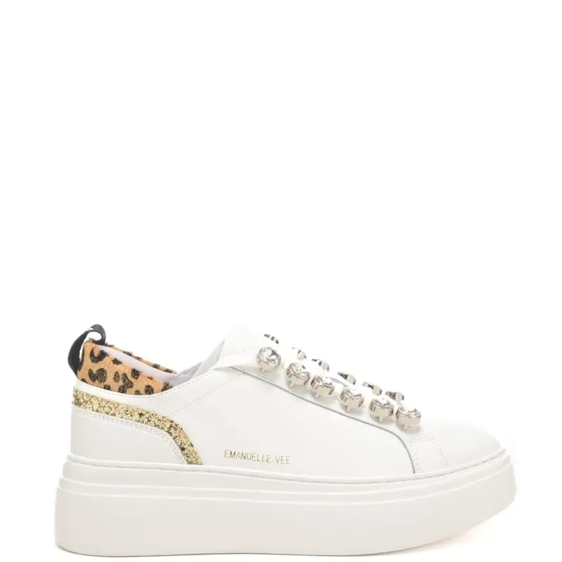 sneakers da donna bice con inserto animalier sul retro e glitter bianche