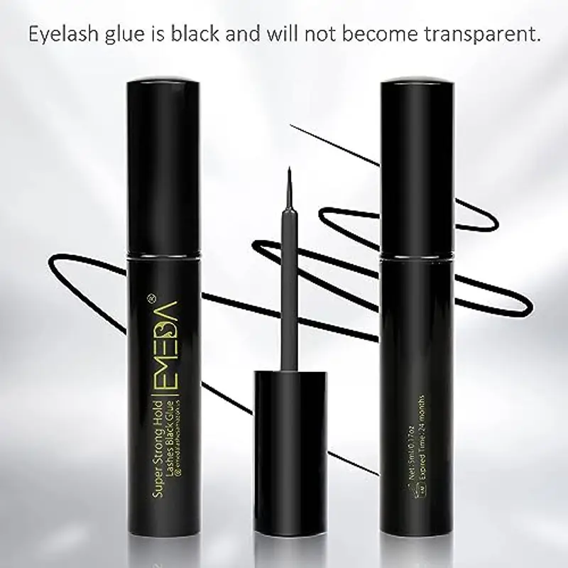 EMEDA Colla Nera per Ciglia Finte, colla per ciglia a strisce Black Eyelash Glue, Glue Eyelashes, colla adesiva per ciglia ad asciugatura rapida 5ml 0.17oz colla per extension ciglia a grappolo miniatura 3