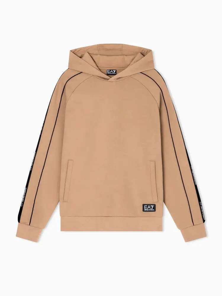 felpa beige in cotone con cappuccio e bande sulle maniche
