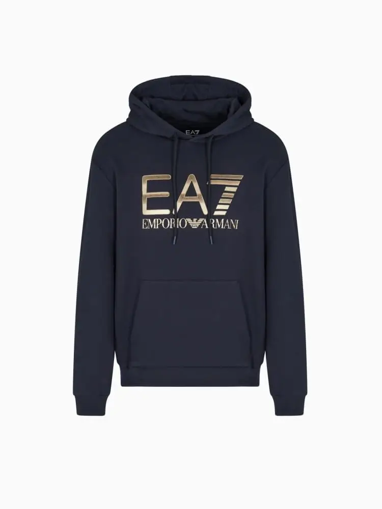 felpa con cappuccio logo series in cotone stretch blu con maxi logo oro