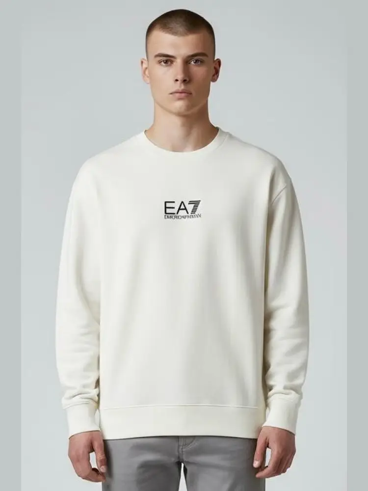 felpa girocollo in cotone felpato panna con micro logo frontale