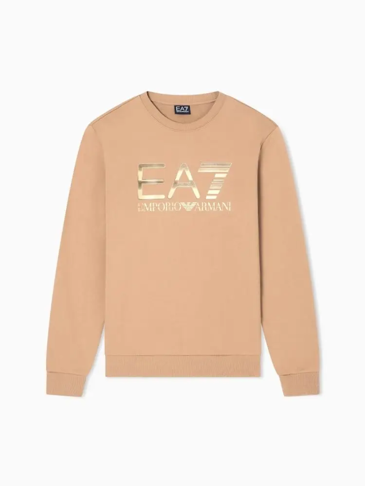 felpa girocollo logo series in cotone stretch beige con maxi logo oro