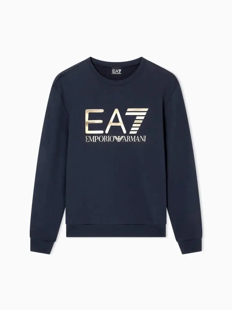 felpa girocollo logo series in cotone stretch blu con maxi logo oro