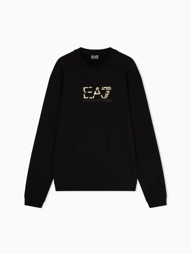 felpa girocollo premium label in cotone nero con logo oro