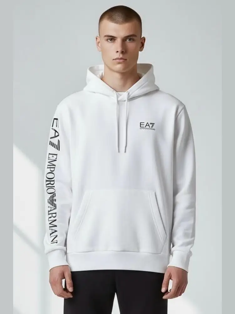 felpa in cotone bianco con cappuccio e maniche logate