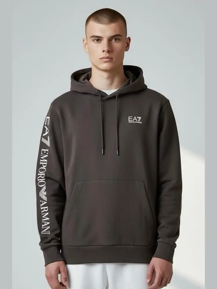 felpa in cotone marrone con cappuccio e maniche logate