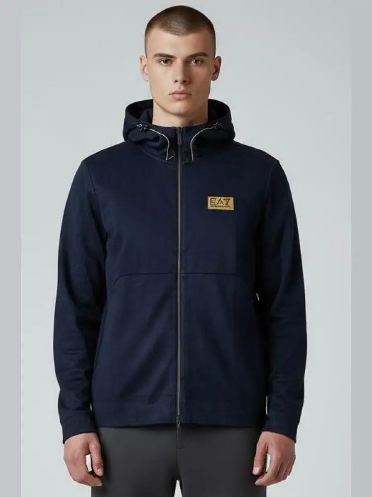 felpa nera con zip e cappuccio e patch logo blu