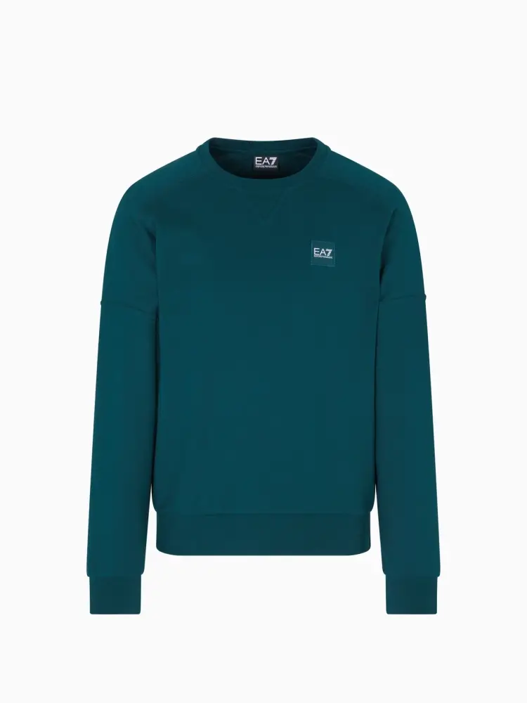 felpa verde girocollo in cotone con patch logo in tono e logo sul retro