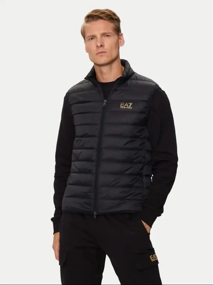 giubbotto piumino uomo smanicato nero con logo oro