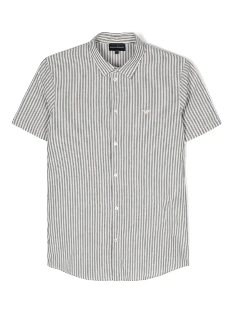 Camicia a righe bianco/ blu misto lino