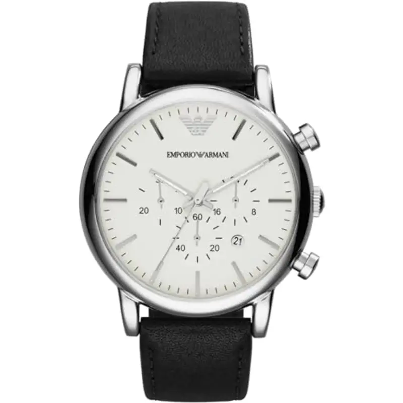 Emporio Armani Orologio Uomo, movimento cronografo al quarzo, cassa in acciaio inossidabile 46 mm con cinturino in pelle, AR1807, Bianco Sporco e Argento, 46 mm
