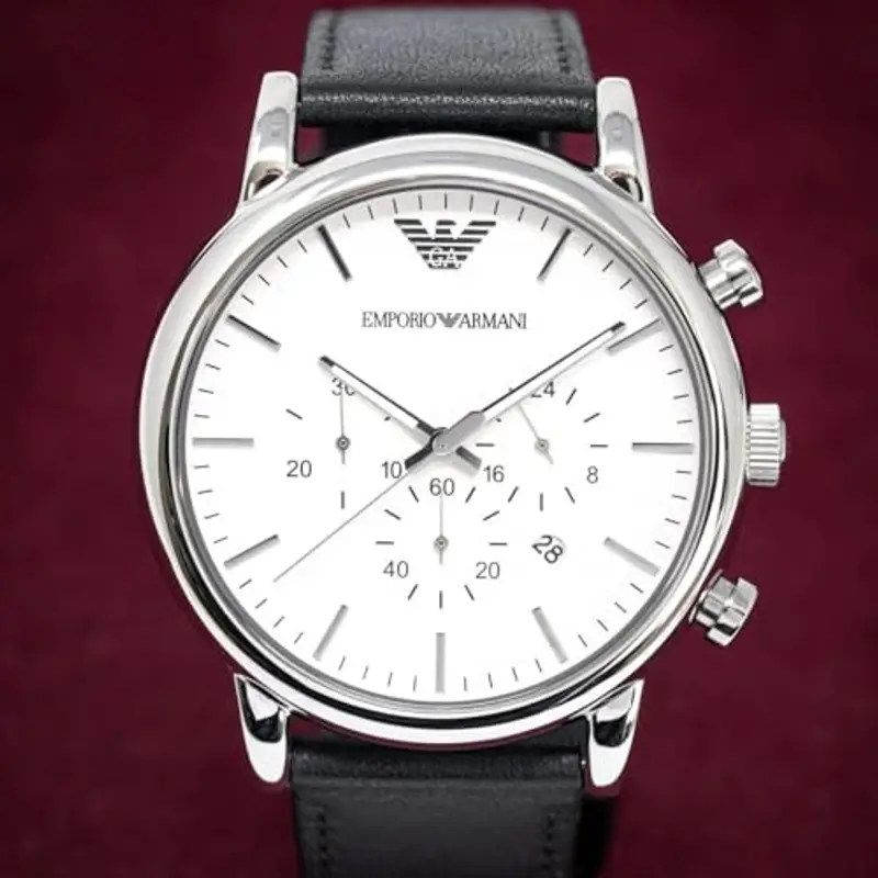 Emporio Armani Orologio Uomo, movimento cronografo al quarzo, cassa in acciaio inossidabile 46 mm con cinturino in pelle, AR1807, Bianco Sporco e Argento, 46 mm miniatura 2