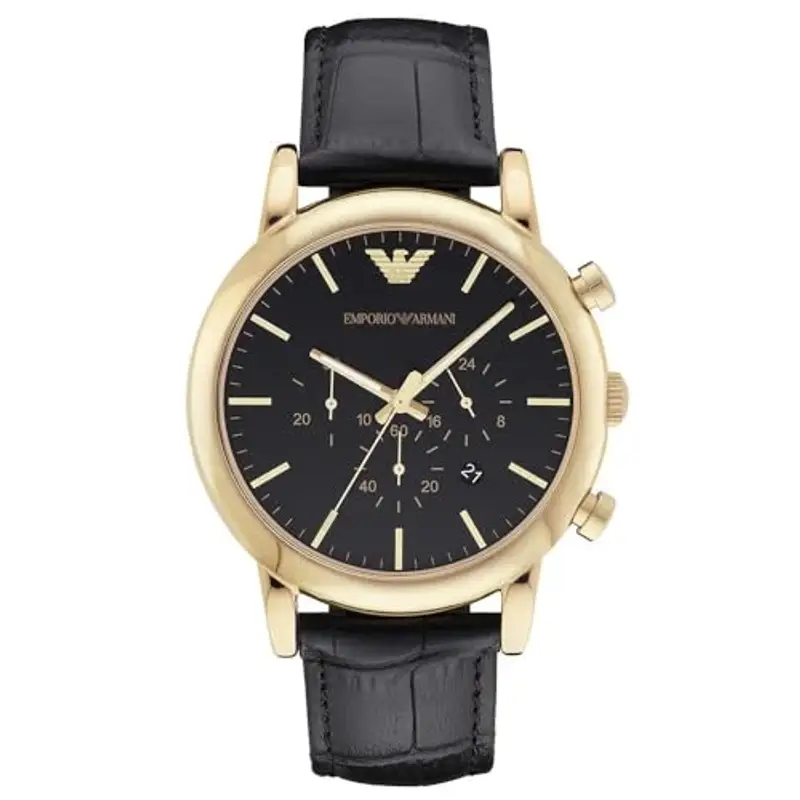 Emporio Armani Orologio Uomo, movimento cronografo al quarzo, cassa in acciaio inossidabile oro 46 mm con cinturino in pelle, AR1917, Nero e Oro, 46 mm