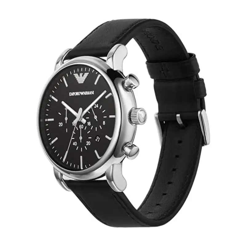 Emporio Armani Orologio Uomo, movimento cronografo, cassa in acciaio 46 mm con cinturino in pelle, AR1828, Nero e Argento, 46 mm miniatura 3