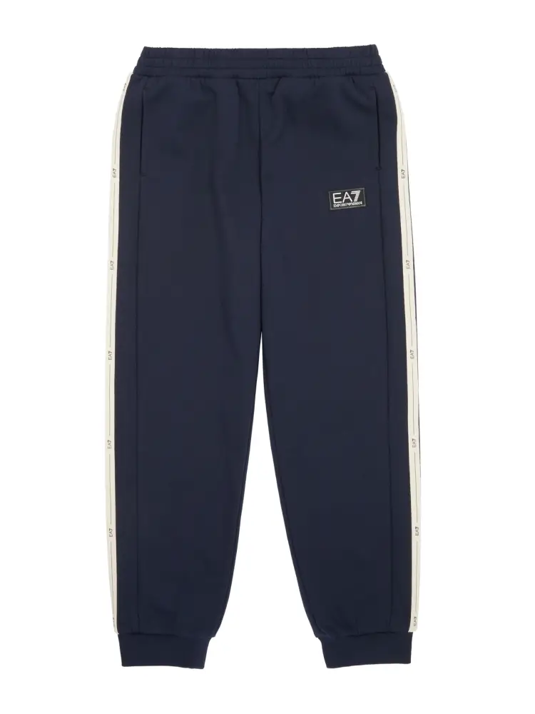 pantaloni kids/junior blu con bande chiare laterali e patch con logo